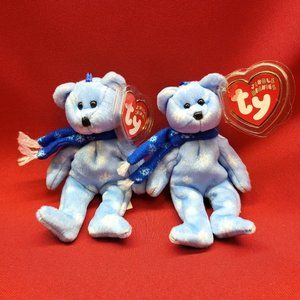 1999 Holiday Teddy The Blue Bear Ty Jingle Beanies Plush Ornament Set of 2